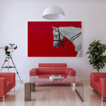Photo of a white horse in a living room