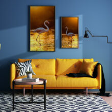 Presentation of two photographs of flamingos in a living room