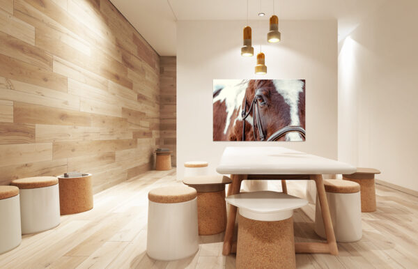 Picture of a pinto horse on the wall of a wooden room